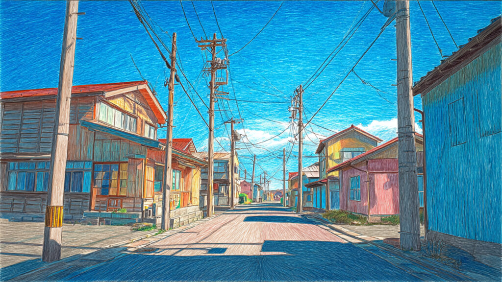 色鉛筆風-田舎の街並み背景｜手描き風の穏やかな風景