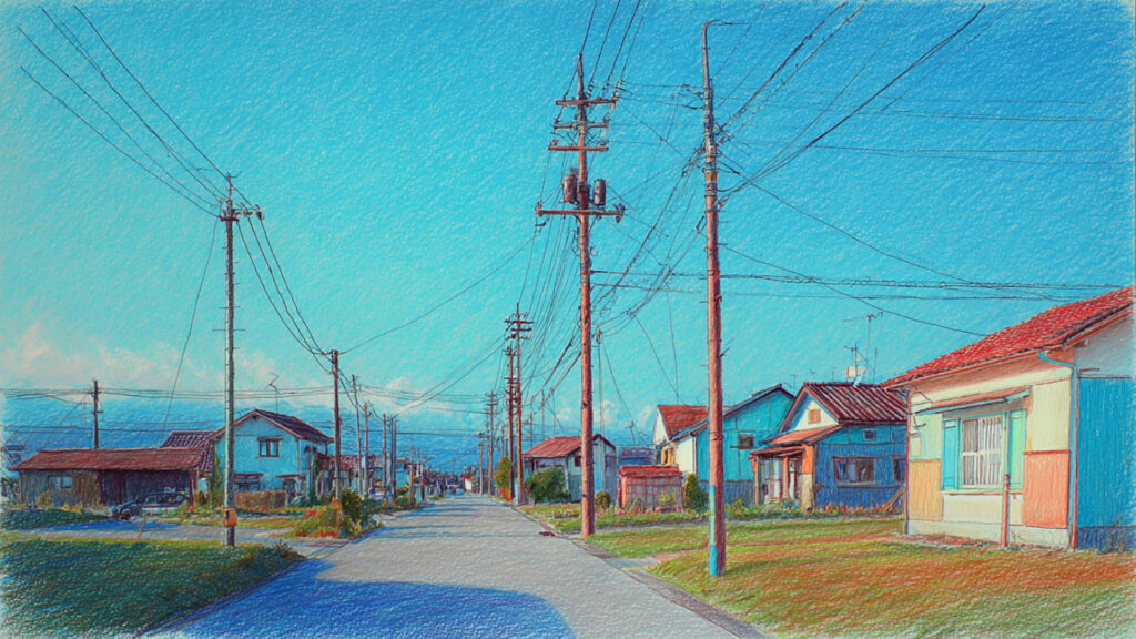 色鉛筆風-田舎の街並み背景｜手描き風の穏やかな風景