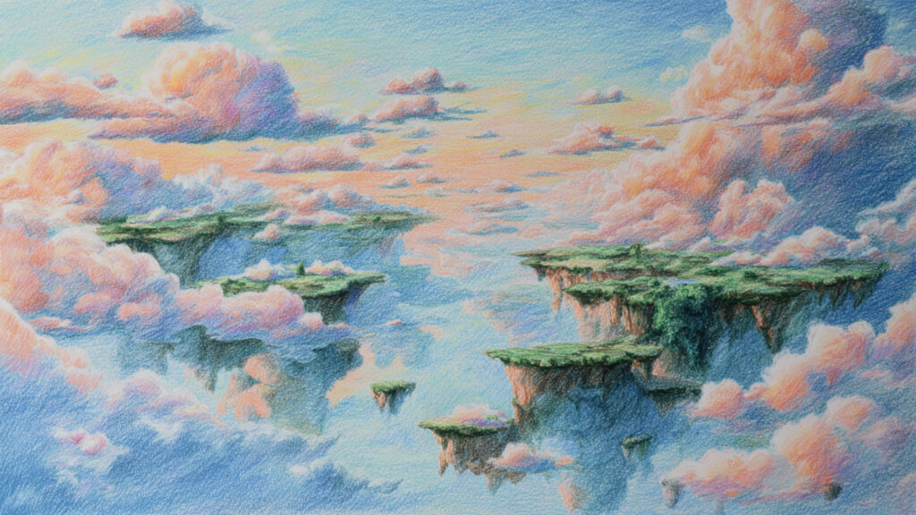 色鉛筆風-夢の中背景素材｜手描き風の幻想的ドリームスケープ