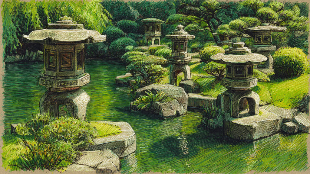 色鉛筆風-日本庭園背景素材｜手描き風の静かな風景