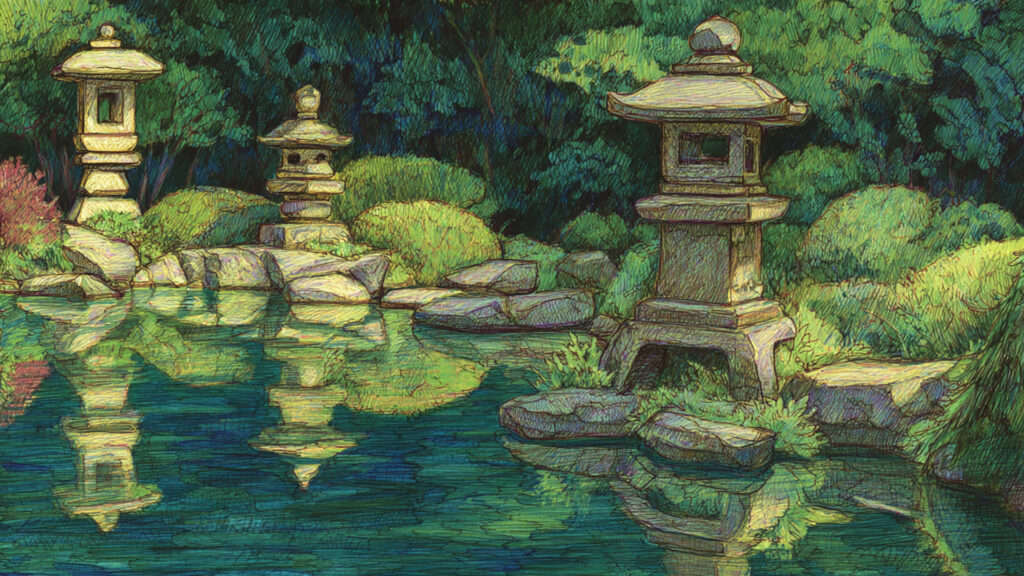 色鉛筆風-日本庭園背景素材｜手描き風の静かな風景
