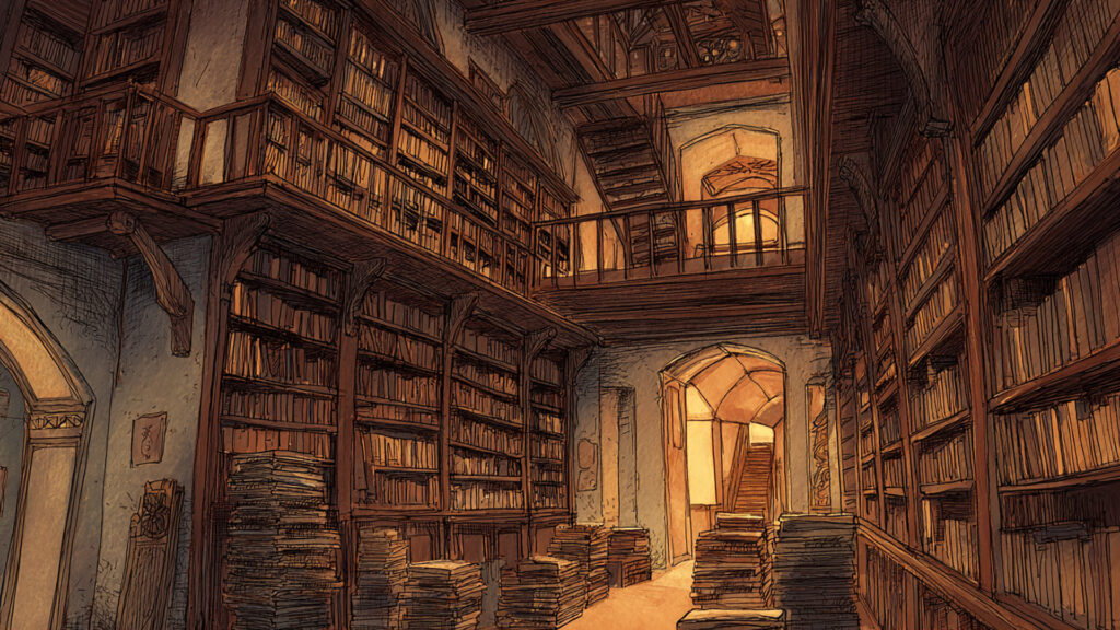 色鉛筆風-図書館｜手描き風アンティーク風景