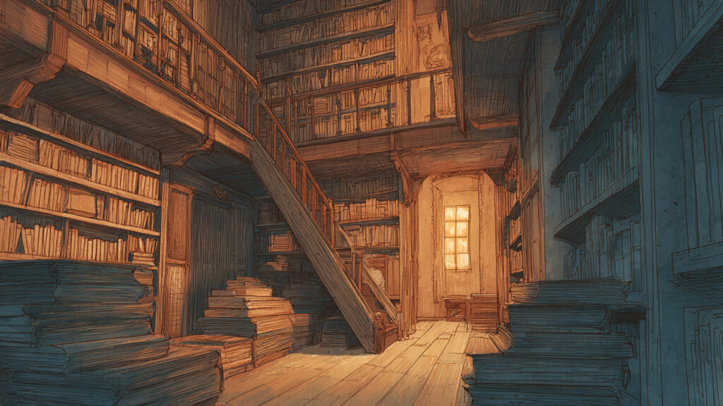 色鉛筆風-図書館｜手描き風アンティーク風景