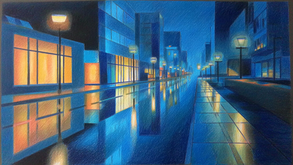 色鉛筆風-夜の街背景素材｜手描き風の都会夜景