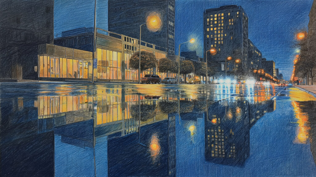 色鉛筆風-夜の街背景素材｜手描き風の都会夜景