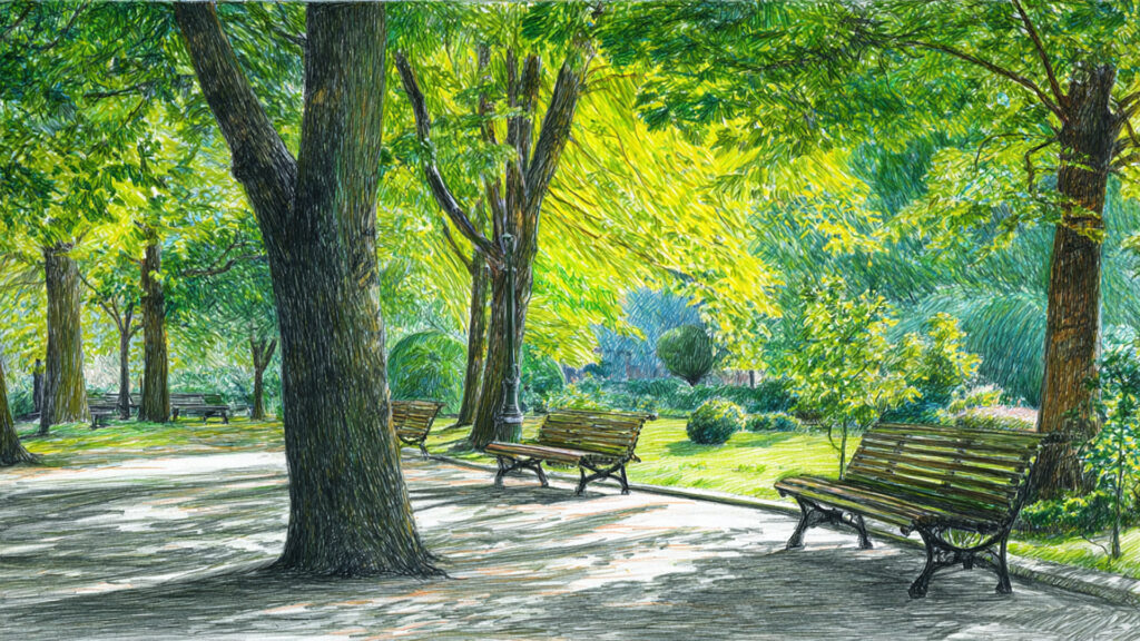 色鉛筆風-公園背景素材｜手描き風ベンチと木々の風景