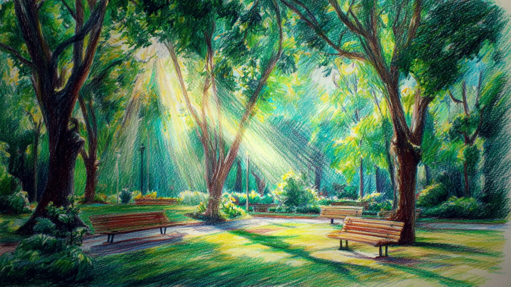 色鉛筆風-公園背景素材｜手描き風ベンチと木々の風景