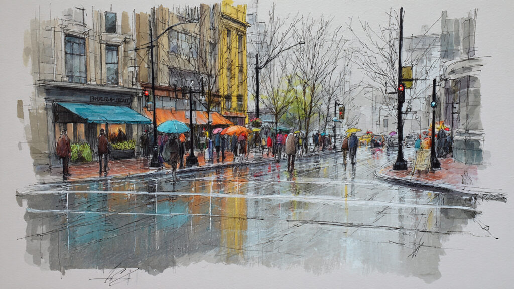 色鉛筆風-雨の日の傘｜手描き風のしっとり風景_心象風景