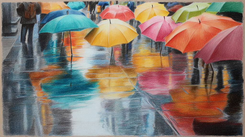 色鉛筆風-雨の日の傘｜手描き風のしっとり風景_心象風景