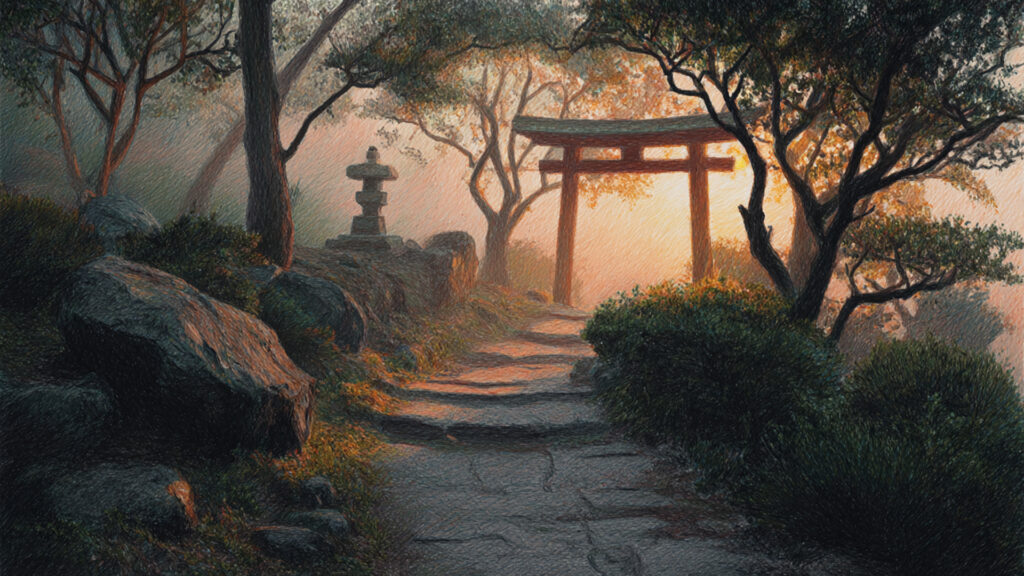 色鉛筆風-森の神社参道｜手描き風の幻想的な朝