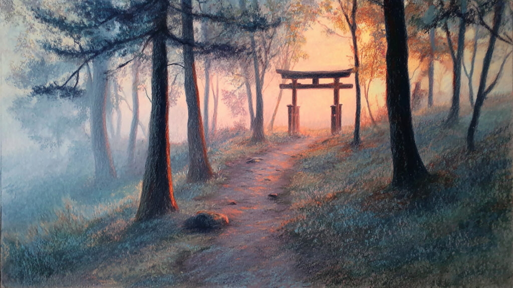 色鉛筆風-森の神社参道｜手描き風の幻想的な朝