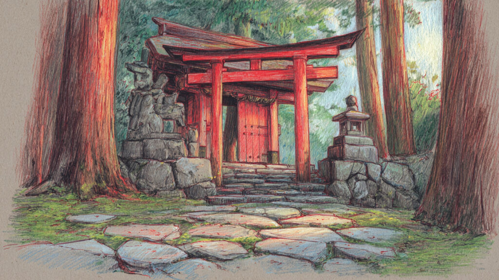 色鉛筆風-神社の鳥居｜和風の手描き風風景