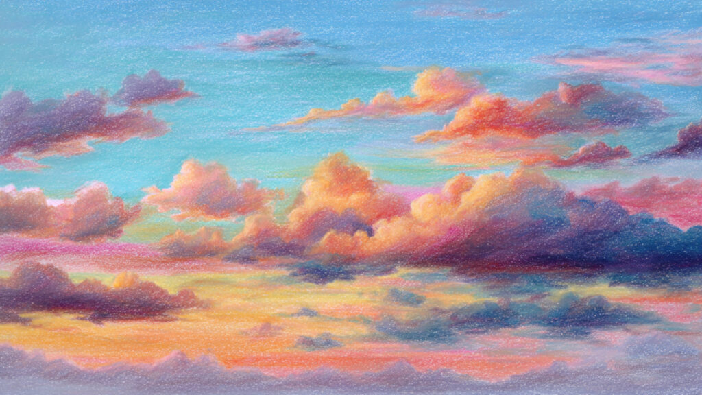 色鉛筆風-空と雲の背景素材｜夕焼け手描き風テクスチャ