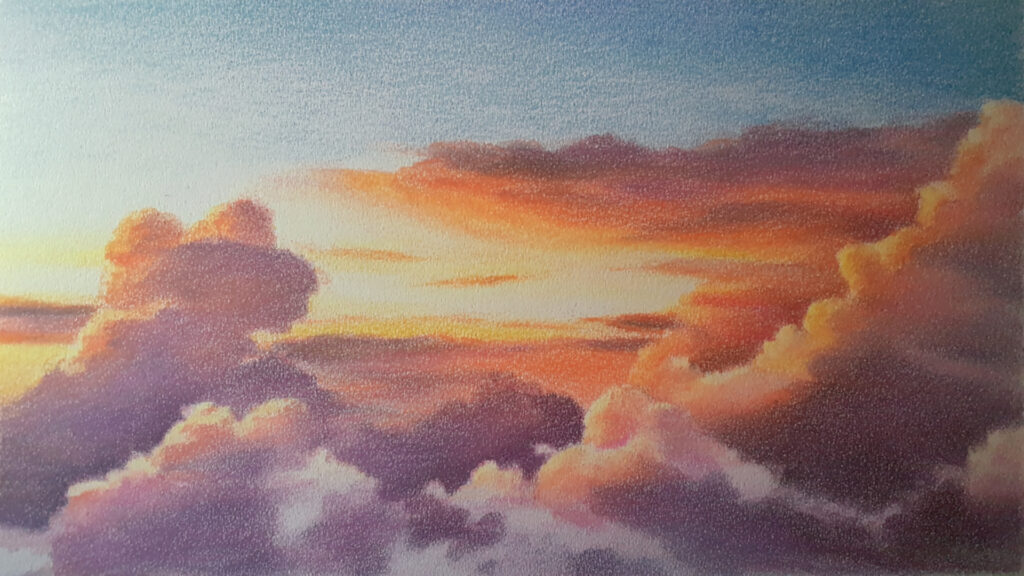 色鉛筆風-空と雲の背景素材｜夕焼け手描き風テクスチャ