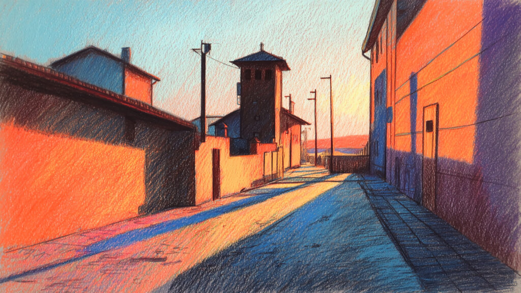 色鉛筆風-夕暮れの坂道背景｜ノスタルジックな手描き風風景