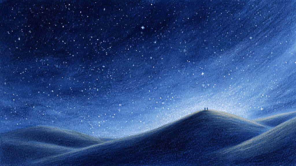 色鉛筆風-星空の丘背景素材｜手描き風の夢幻的夜景