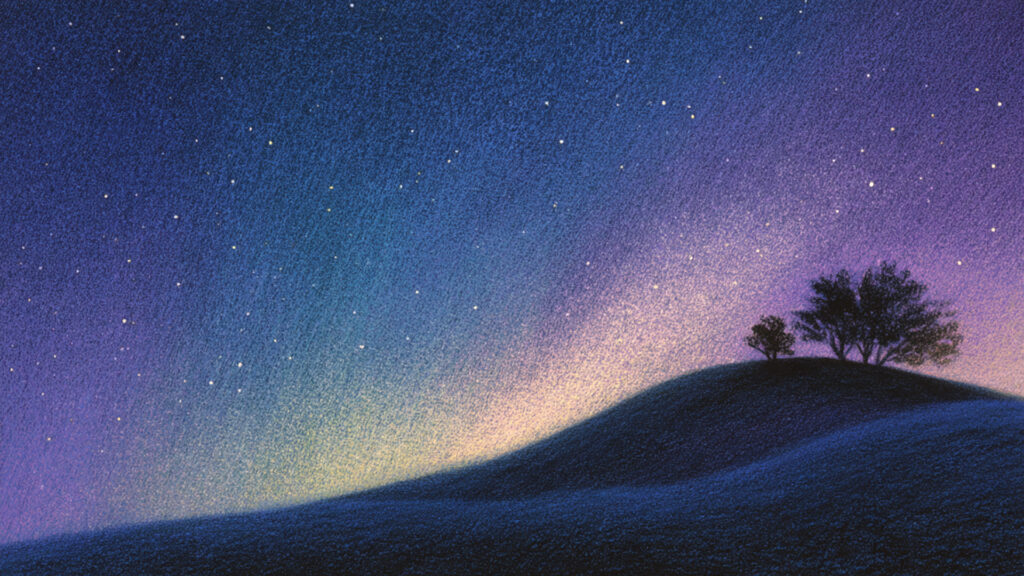 色鉛筆風-星空の丘背景素材｜手描き風の夢幻的夜景