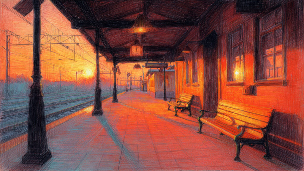 色鉛筆風-駅ホーム背景素材