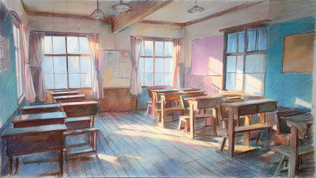 色鉛筆風-教室の背景素材