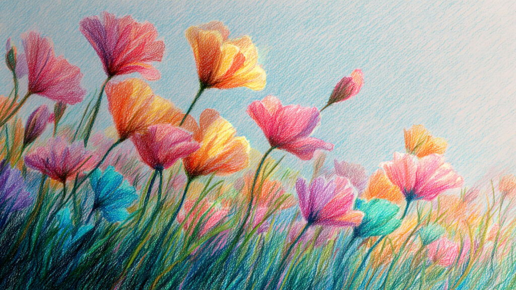 色鉛筆風-花畑背景素材｜手描き風の春の風景