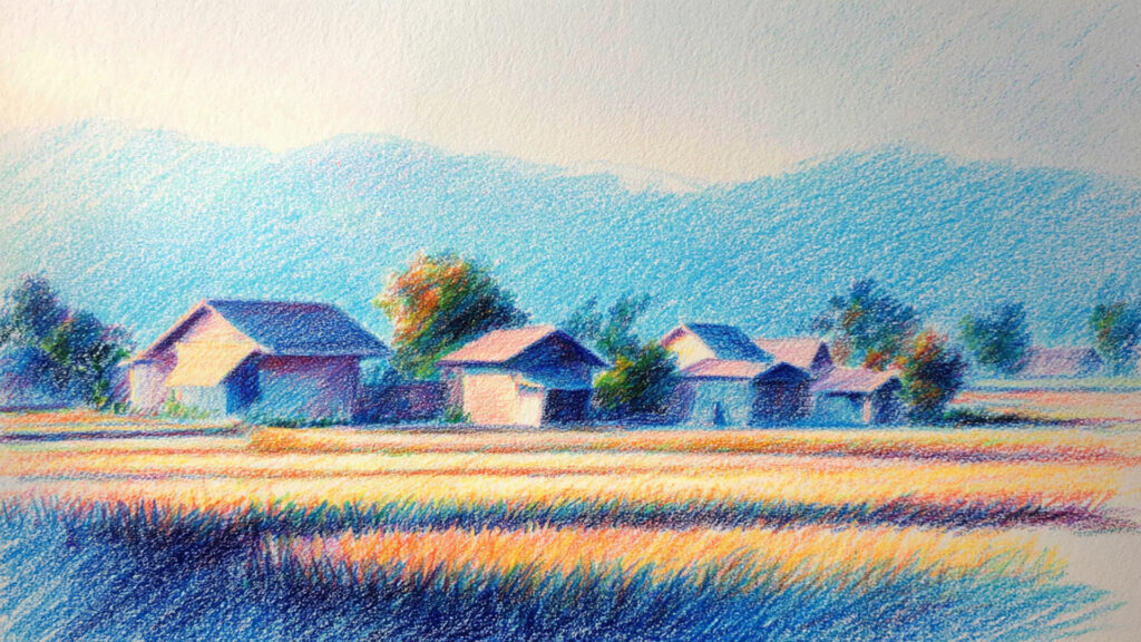 色鉛筆風-田園風景背景｜手描き風ののどかな自然