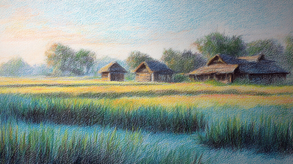 色鉛筆風-田園風景背景｜手描き風ののどかな自然