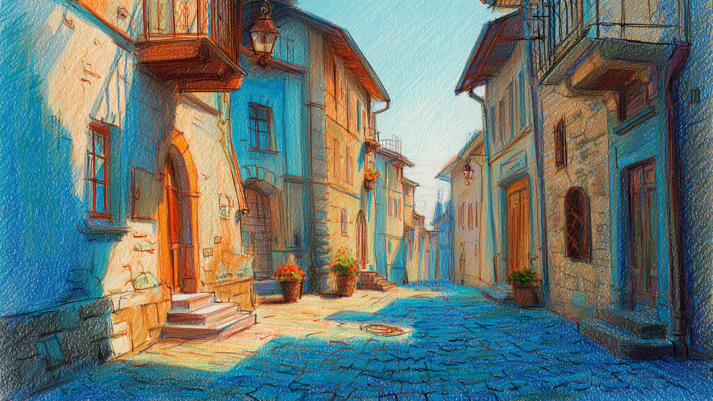 色鉛筆風-西洋風街並み背景｜手描き風ファンタジー風景