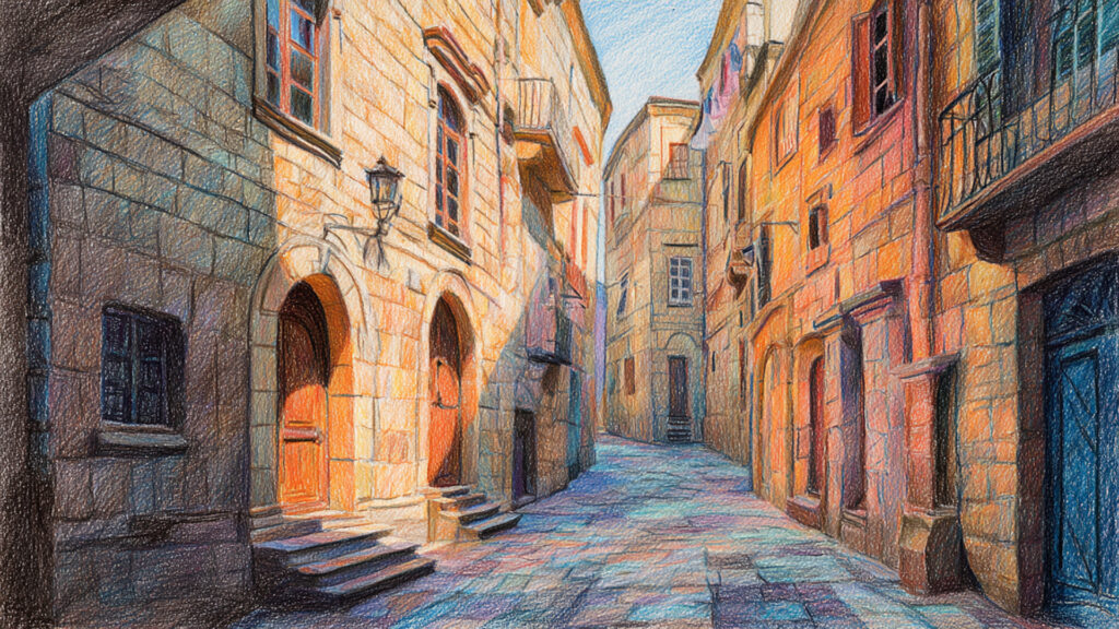 色鉛筆風-西洋風街並み背景｜手描き風ファンタジー風景