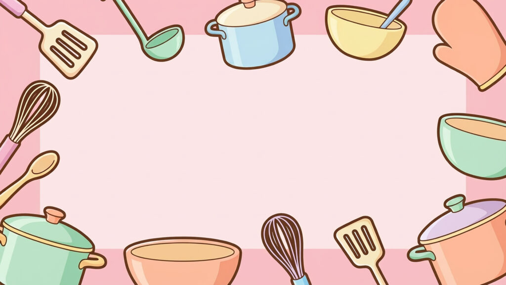 調理器具で囲むフラットアニメ背景