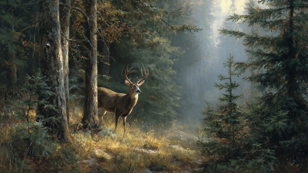 森の中のシカ｜写実風の背景イラストのフリー素材