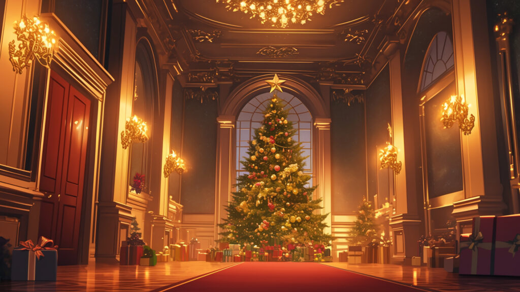 大きなクリスマスツリーのある洋館の玄関ホール