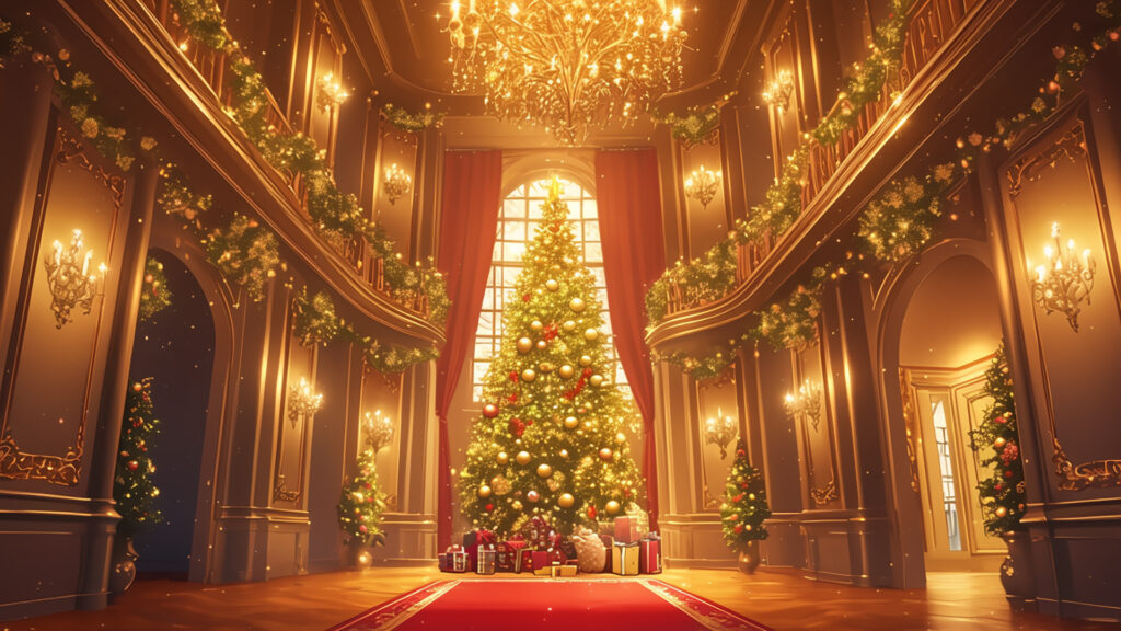 大きなクリスマスツリーのある洋館の玄関ホール