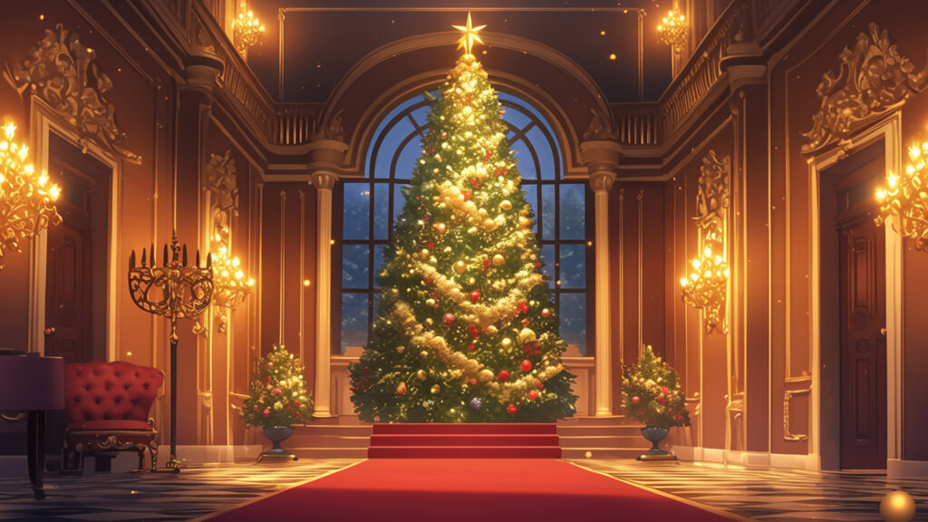 大きなクリスマスツリーのある洋館の玄関ホールの背景イラストのフリー素材