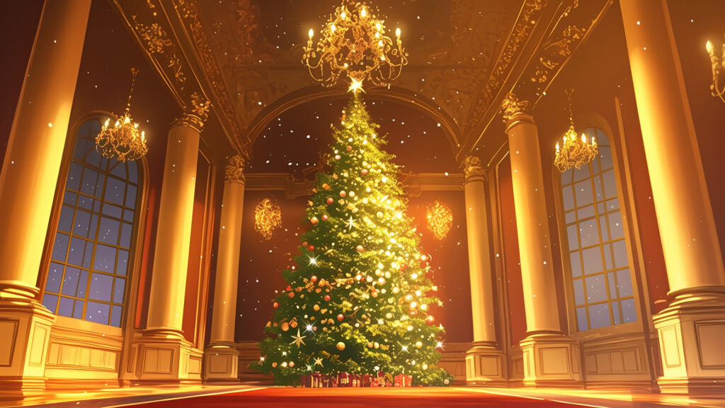 大きなクリスマスツリーのある洋館の玄関ホール