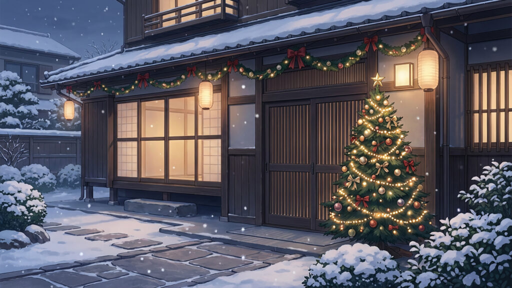 クリスマスツリーが置かれた日本家屋の背景イラストのフリー素材