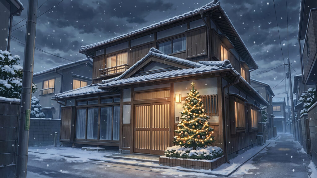 クリスマスツリーが置かれた日本家屋