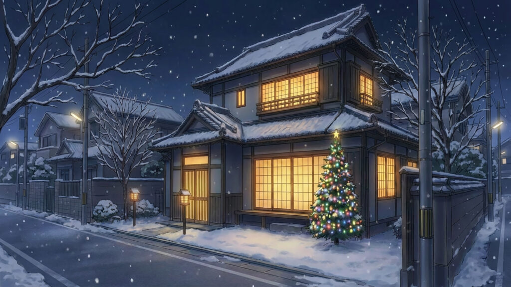 クリスマスツリーが置かれた日本家屋