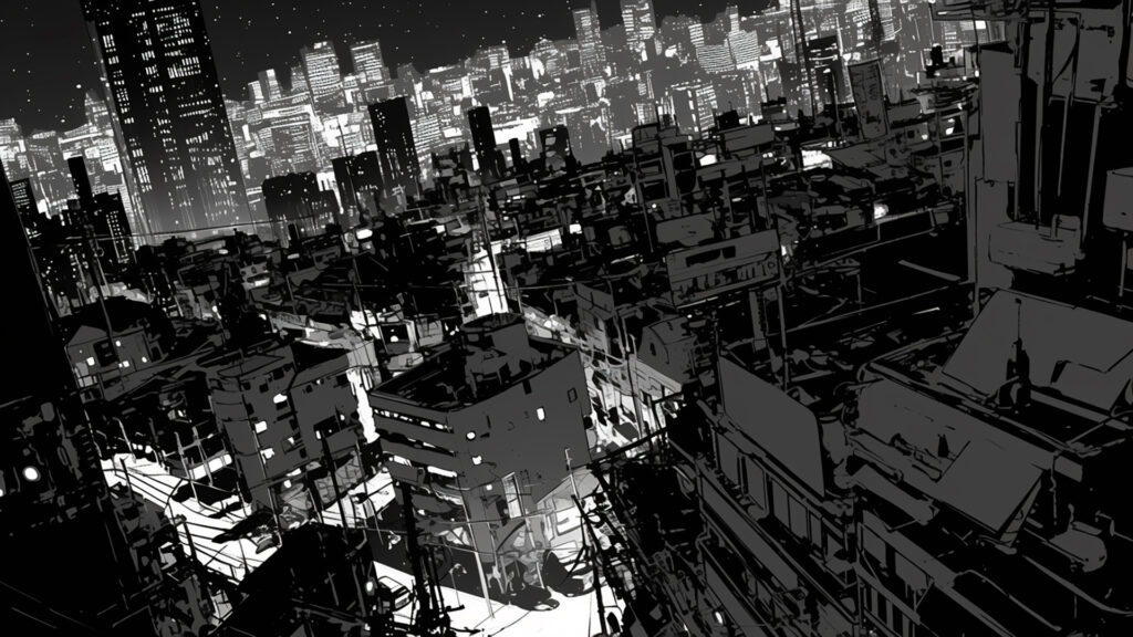モノクロ｜都市夜景トーン建築バックグラウンド