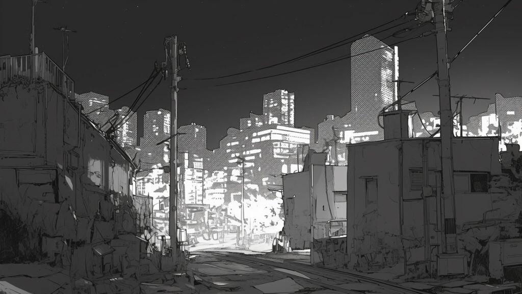 モノクロ｜都市夜景トーン建築バックグラウンド