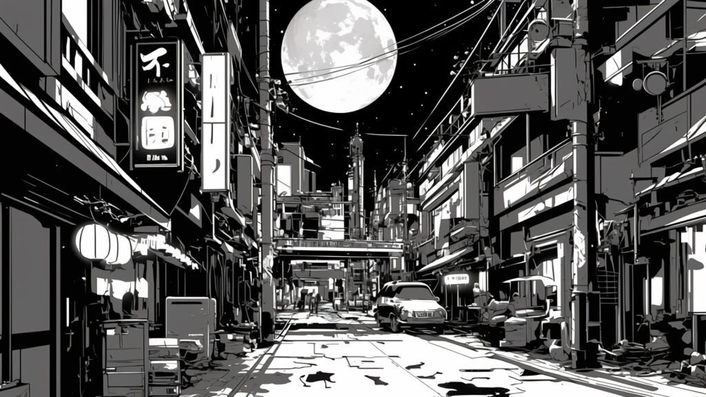 モノクロ漫画背景｜夜の繁華街・ネオン街