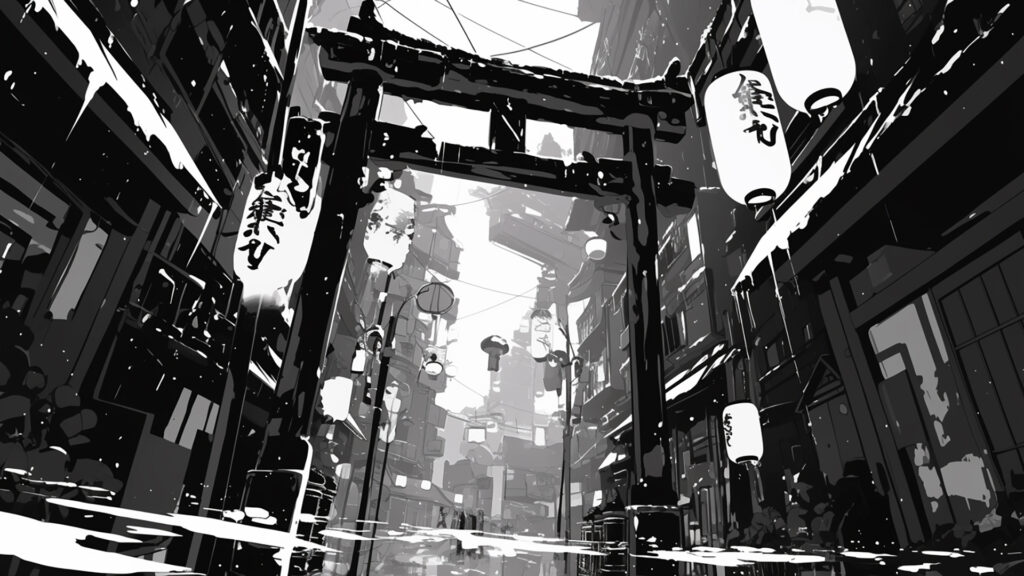 モノクロ漫画背景｜夜の繁華街・ネオン街