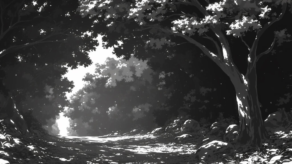 モノクロ｜森・林道・木漏れ日トーン