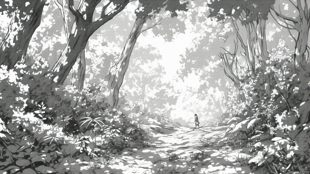 モノクロ｜森・林道・木漏れ日トーン