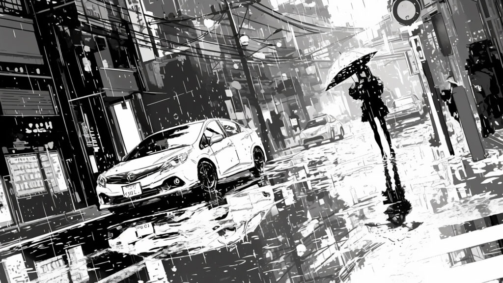 モノクロ｜雨の街角・トーン雨線