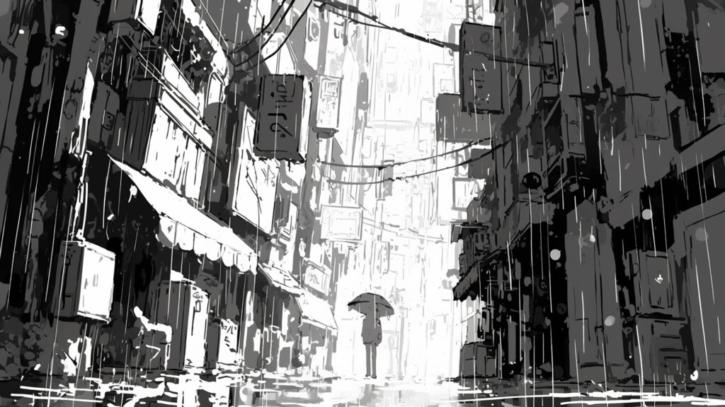 モノクロ｜雨の街角・トーン雨線