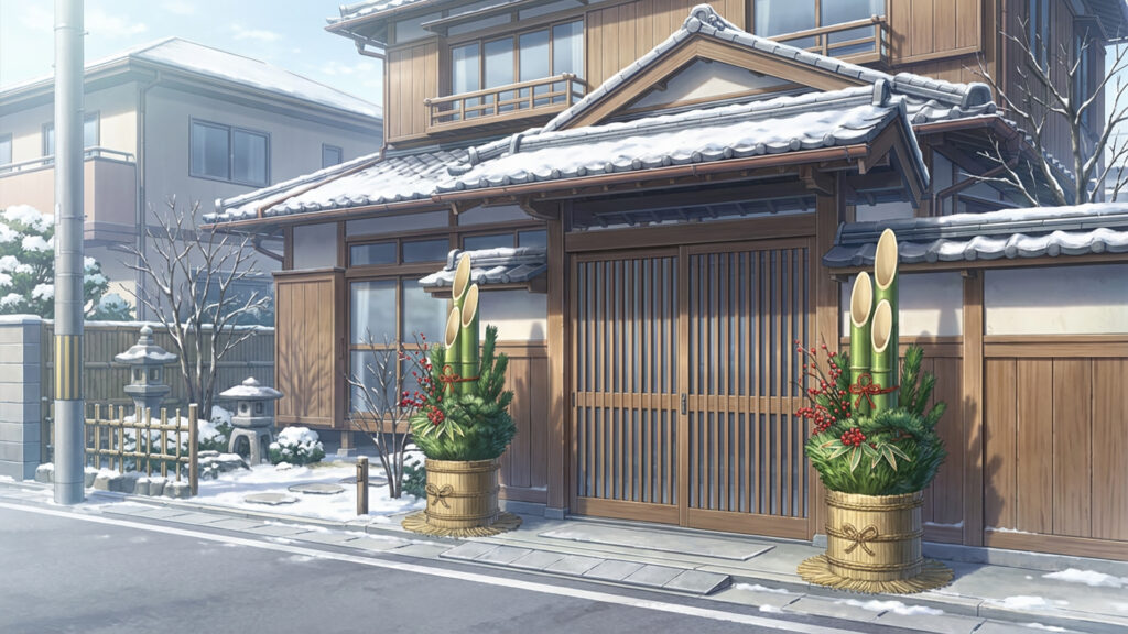 門松のある日本家屋の正月の背景イラストのフリー素材