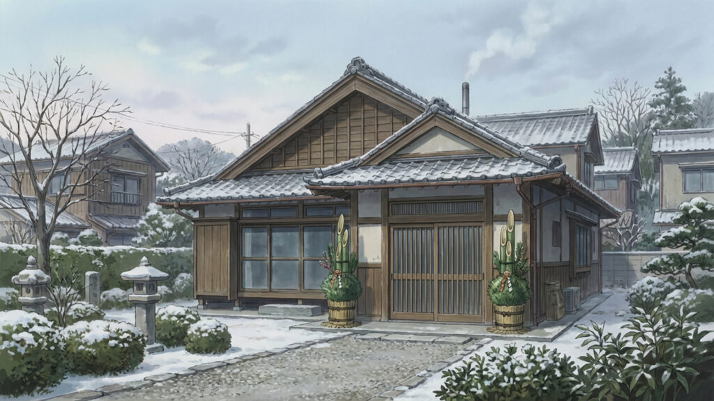 門松のある日本家屋の正月