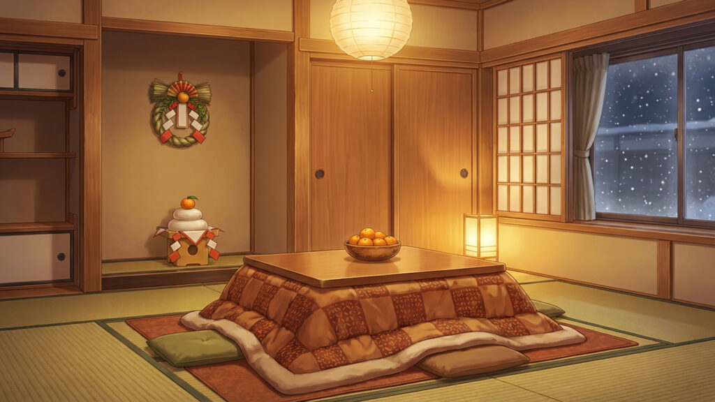 お正月の和室の背景イラストのフリー素材