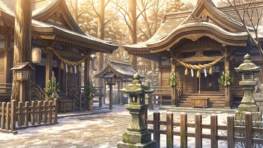 正月の神社の背景イラストのフリー素材