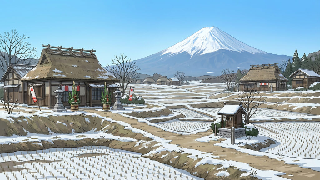 新年の田園風景と富士山の背景イラストのフリー素材